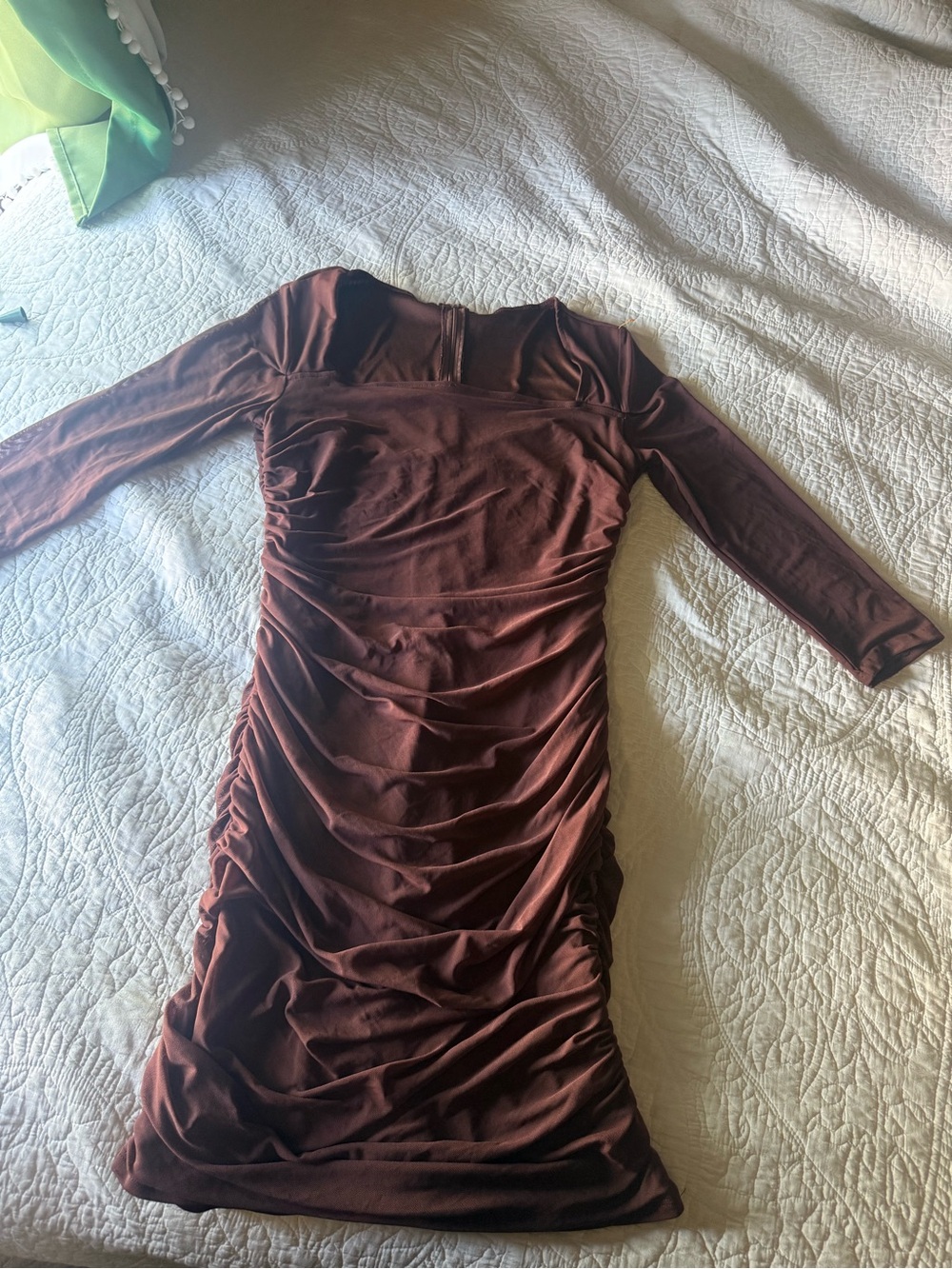 Women's Brown Ruched Long-Sleeve Dress